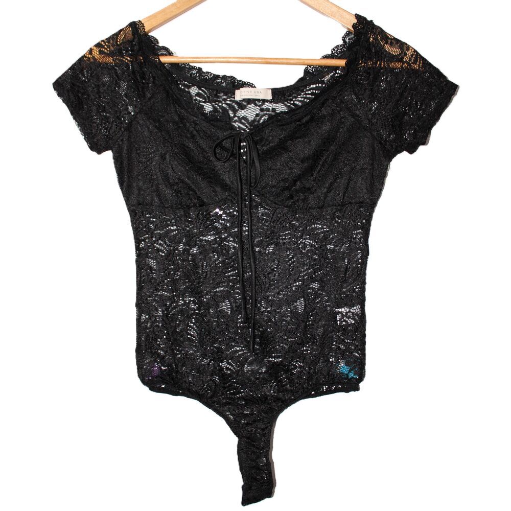NWOT Active USA Black Lace Nylon Spandex Short Sleeve Bodysuit Top P12276 Size S